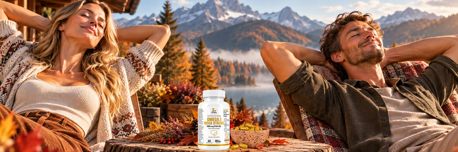 Opakowanie suplementu Sigma Vital Omega 3 Mega Strong 1000 mg z miseczką kapsułek na pierwszym planie; w tle odpoczywająca kobieta i mężczyzna na tle jesiennego krajobrazu z górskim jeziorem.