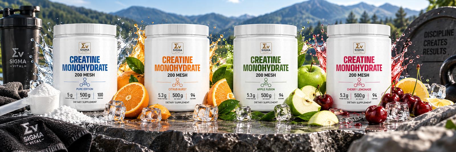 Cztery warianty smakowe kreatyny Sigma Vital Creatine Monohydrate 500g ustawione obok siebie ze świeżymi owocami, kostkami lodu i rozbryzgami wody.