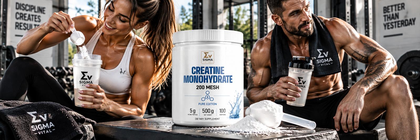 Opakowanie Sigma Vital Creatine Monohydrate 200 Mesh z miarką i proszkiem na pierwszym planie; w tle wysportowana kobieta wsypująca suplement do szejkera oraz mężczyzna na siłowni.