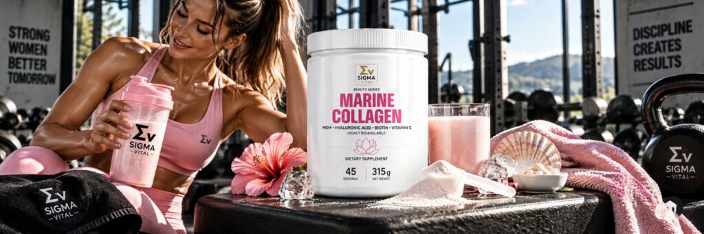 Kolagen morski Sigma Vital Marine Collagen 315g na pierwszym planie na siłowni, obok wysportowanej kobiety w różowym stroju z szejkerem.
