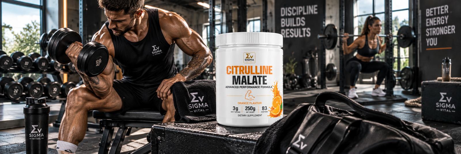 Jabłczan cytruliny Sigma Vital Citrulline Malate 250g o smaku pomarańczowym na pierwszym planie na siłowni, obok ćwiczącego mężczyzny z hantlem i kobiety ze sztangą.