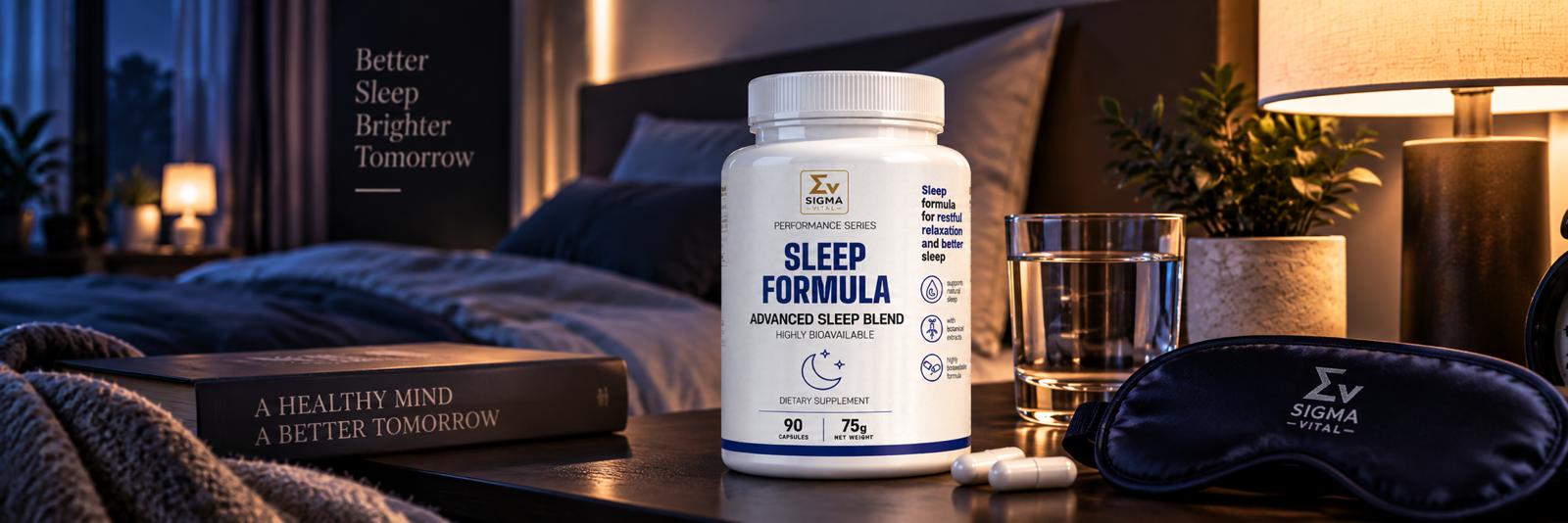 Opakowanie suplementu diety Sigma Vital Sleep Formula na stoliku nocnym w klimatycznej sypialni, obok opaski do spania z logo marki, szklanki wody i książki.