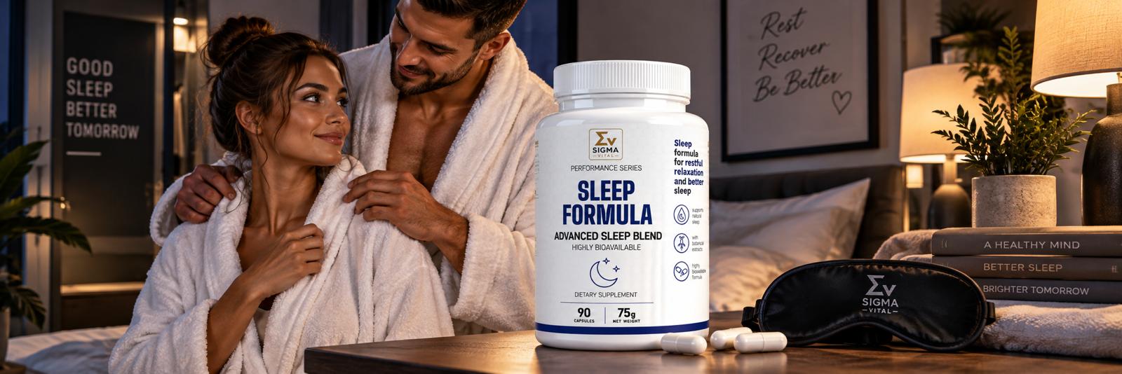 Opakowanie suplementu diety Sigma Vital Sleep Formula na pierwszym planie, obok czarnej opaski do spania i kapsułek; w tle relaksująca się para w szlafrokach w przytulnej sypialni.