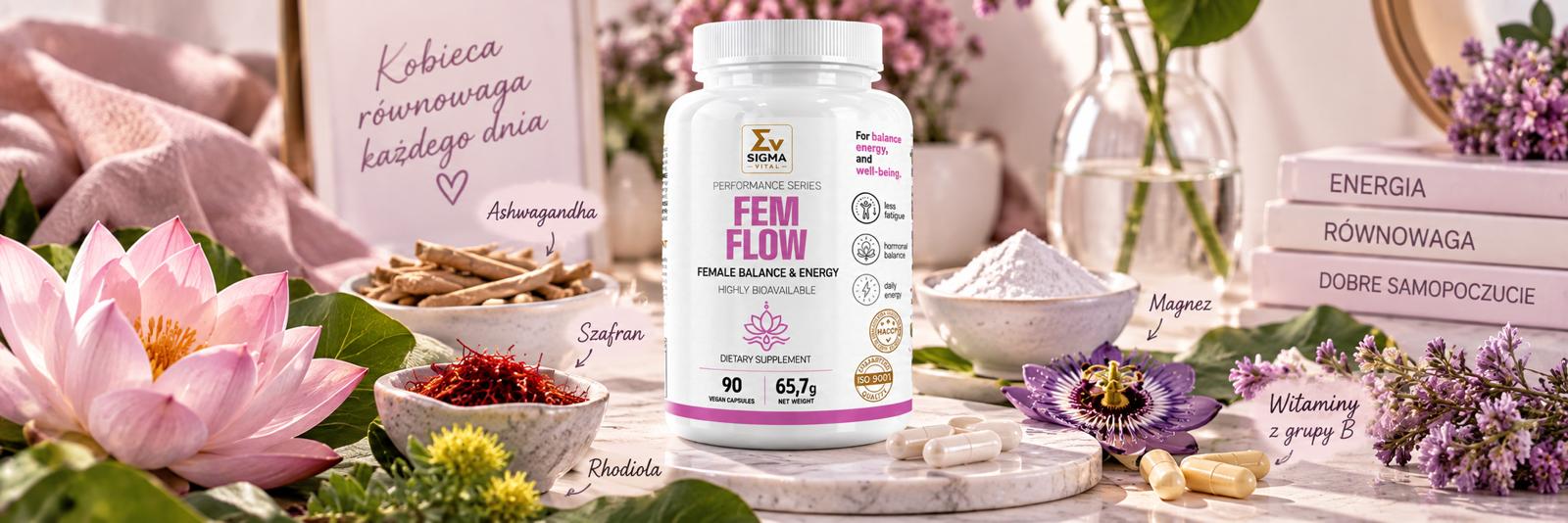Propozycje tekstu alternatywnego (alt) dla tego obrazka:

Zwięzły (zalecany do karty produktu i galerii):

Suplement diety dla kobiet Sigma Vital Fem Flow otoczony naturalnymi składnikami: ashwagandhą, szafranem, rhodiolą, magnezem i witaminami z grupy B.