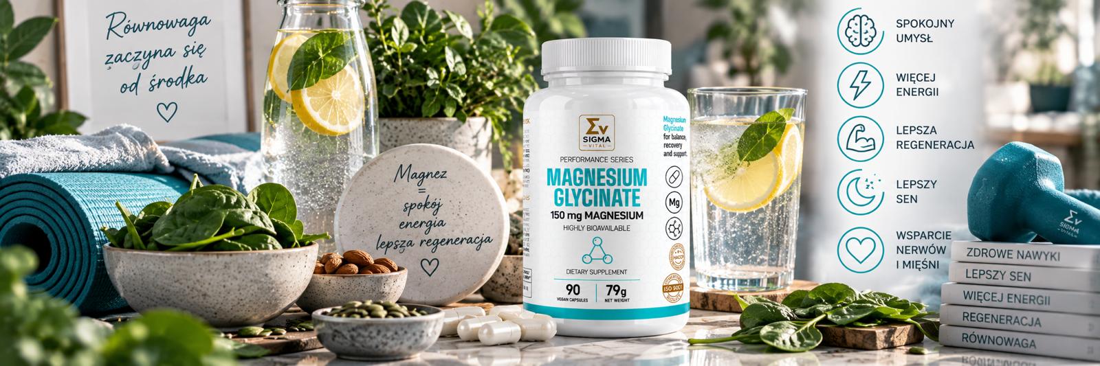 Glicynian magnezu Sigma Vital Magnesium Glycinate 150 mg na tle zdrowych przekąsek, wody z cytryną, maty do jogi i hantli.
