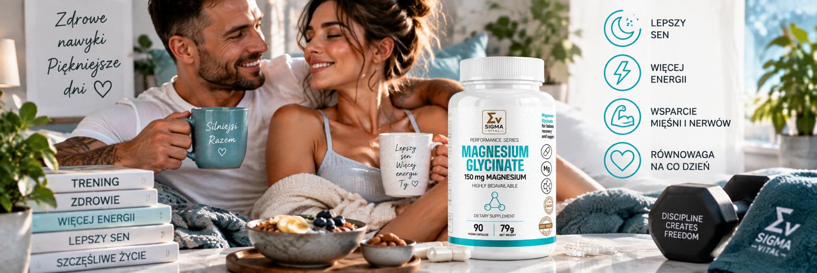 Glicynian magnezu Sigma Vital Magnesium Glycinate na tle uśmiechniętej pary przy śniadaniu, książek oraz akcesoriów treningowych.