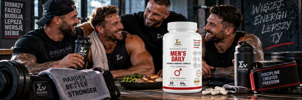 Witaminy dla mężczyzn Sigma Vital Men's Daily na tle grupy trenujących mężczyzn na siłowni, obok zdrowego posiłku i akcesoriów sportowych.