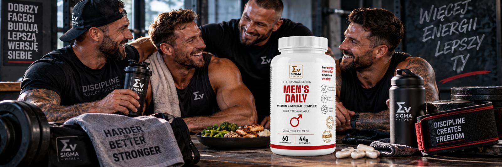 Witaminy dla mężczyzn Sigma Vital Men's Daily na tle grupy trenujących mężczyzn na siłowni, obok zdrowego posiłku i akcesoriów sportowych.