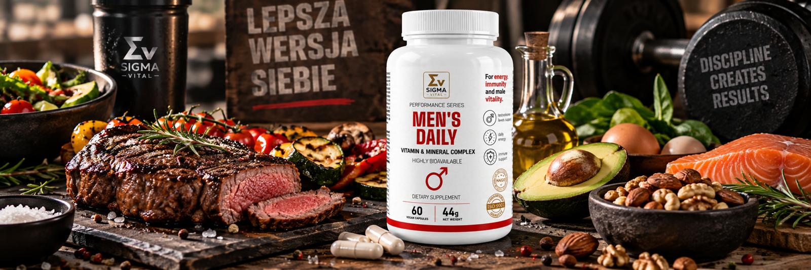 Witaminy dla mężczyzn Sigma Vital Men's Daily na pierwszym planie w otoczeniu pełnowartościowych posiłków: steka, łososia, awokado i orzechów.