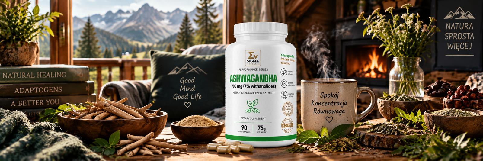 Suplement diety Sigma Vital Ashwagandha 700 mg w przytulnym, górskim wnętrzu z widokiem na góry, obok miseczek z korzeniami i kubka z naparem