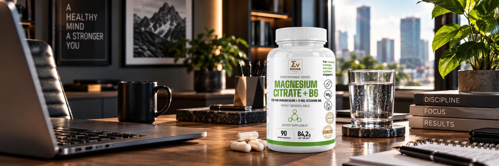 Opakowanie suplementu diety Sigma Vital Magnesium Citrate + B6 (120 mg magnezu + 5 mg witaminy B6, 90 kapsułek) na pierwszym planie w eleganckiej przestrzeni biurowej; obok otwartego laptopa, szklanki wody, notatnika i książek na tle okna z widokiem na wieżowce.