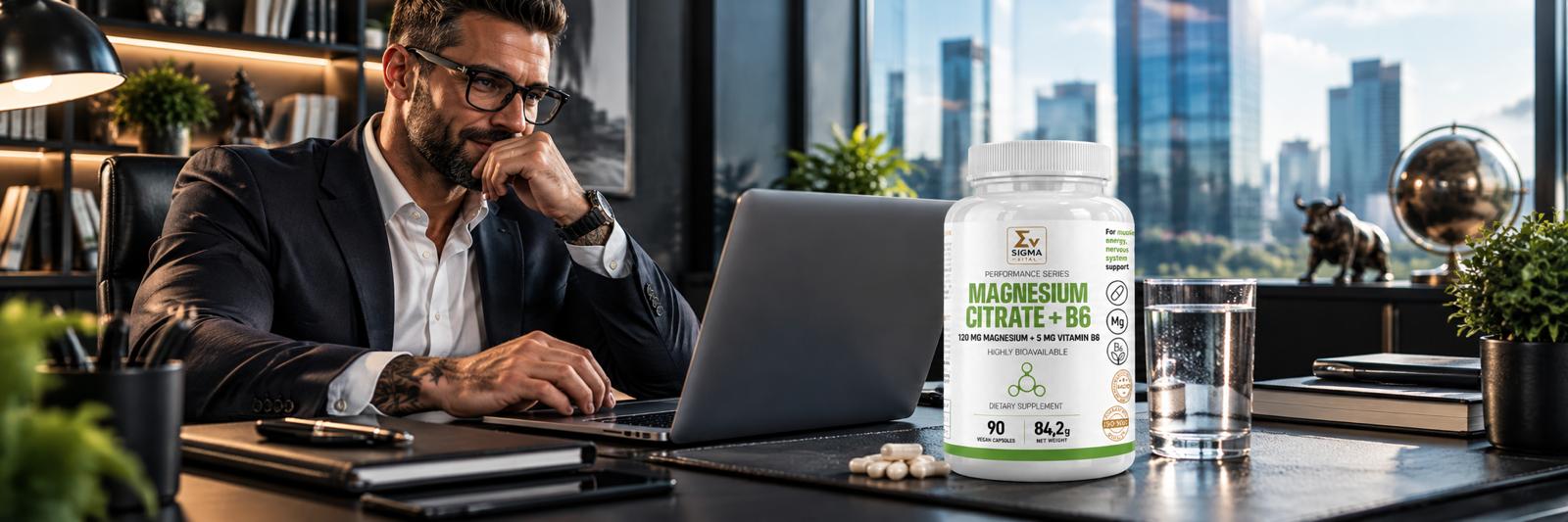 Cytrynian magnezu z witaminą B6 Sigma Vital Magnesium Citrate + B6 na biurku obok laptopa i szklanki wody, na tle pracującego mężczyzny w biurze.