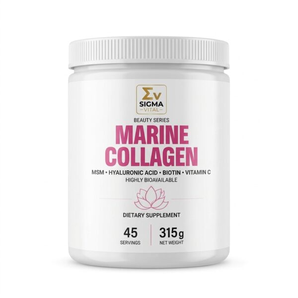 Izolowane zdjęcie białego słoiczka suplementu diety Sigma Vital Marine Collagen z serii Beauty, ustawionego na czystym, białym tle. Na etykiecie widoczne są logo Sigma Vital, duży różowy napis 'MARINE COLLAGEN', lista składników (MSM, Kwas Hialuronowy, Biotyna, Witamina C), informacja o 45 porcjach oraz masa netto 315g.